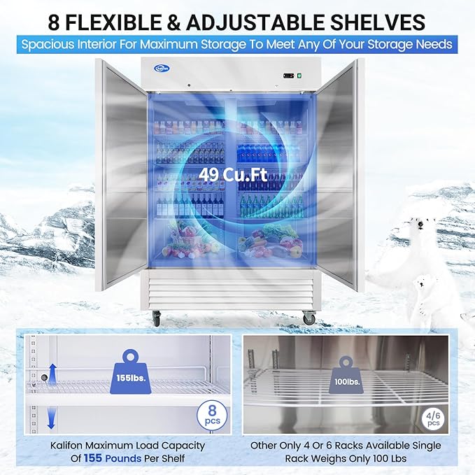 54" Commercial Refrigerator with 2 Solid Doors&8 Shelves, 49 Cu.ft Reach-in Stainless Steel Refrigerator, Fan Cooling Refrigerator for Restaurant, Bar, Home, Shop, and Business