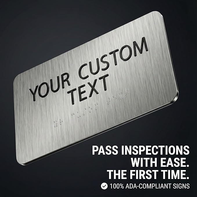 ALPHA DOG ADA SIGNS Custom ADA Braille Room Sign 4x8 Inch - Personalized Office Door Name Plate with Grade 2 Braille - ADA and Title 24 Compliant Signage - Made in USA - Brushed Stainles