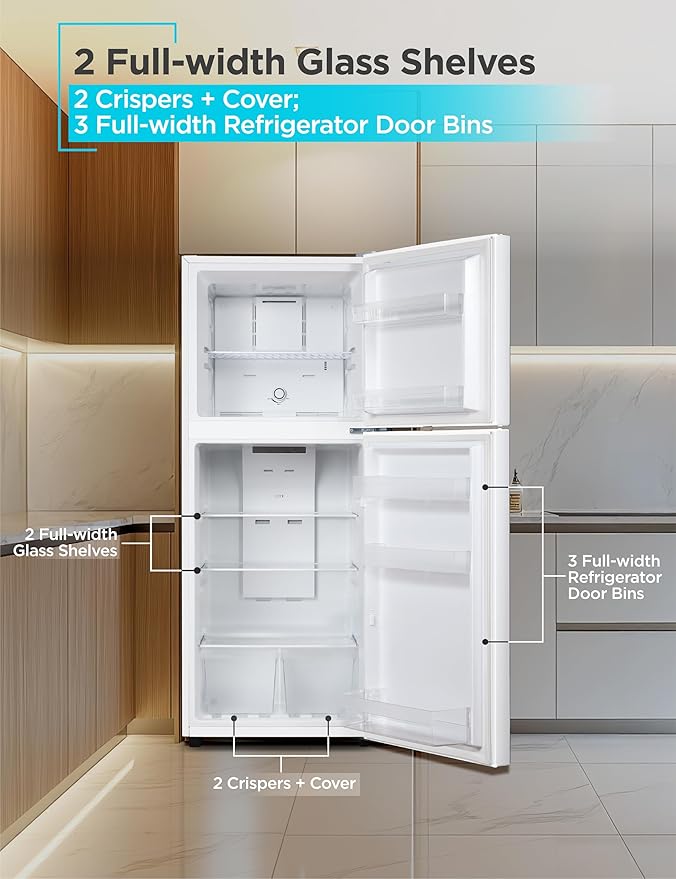 BLACK+DECKER 12.1 Cu. Ft. Top Mount Refrigerator with Freezer, 2 Door Refrigerator with Top Freezer and Adjustable Temperature Control, For Homes and Apartments, ENERGY STAR, BR1210HW, White
