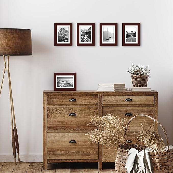 Americanflat 5x7 Picture Frame with Polished Plexiglass - Set of 5 - Use as 4x6 Frame with Mat or Display 5x7 Photo Without Mat - Galleria Collection - Picture Frames for Tabletop and Wall - Mahogany