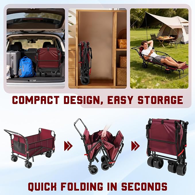 LEVELEVE Heavy Duty Folding Wagon - 2-in-1 Collapsible Cart, 650lb Capacity, All-Terrain Wheels w/Brakes & Side Pockets (Red)