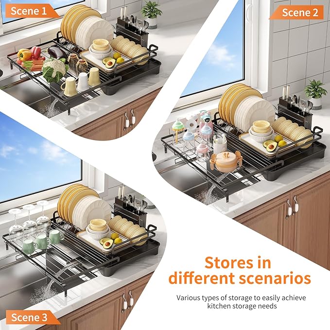 Extendable Dish Rack for Kitchen Sink - Heavy-Duty Adjustable Over Sink Drying Rack with Utensil Holder & Drain Tray, Space Saving Steel Frame Dish Rack (Black)