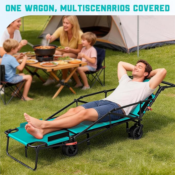 LEVELEVE Heavy Duty Folding Wagon - 2-in-1 Collapsible Cart, 650lb Capacity, All-Terrain Wheels w/Brakes & Side Pockets (Sky Blue)