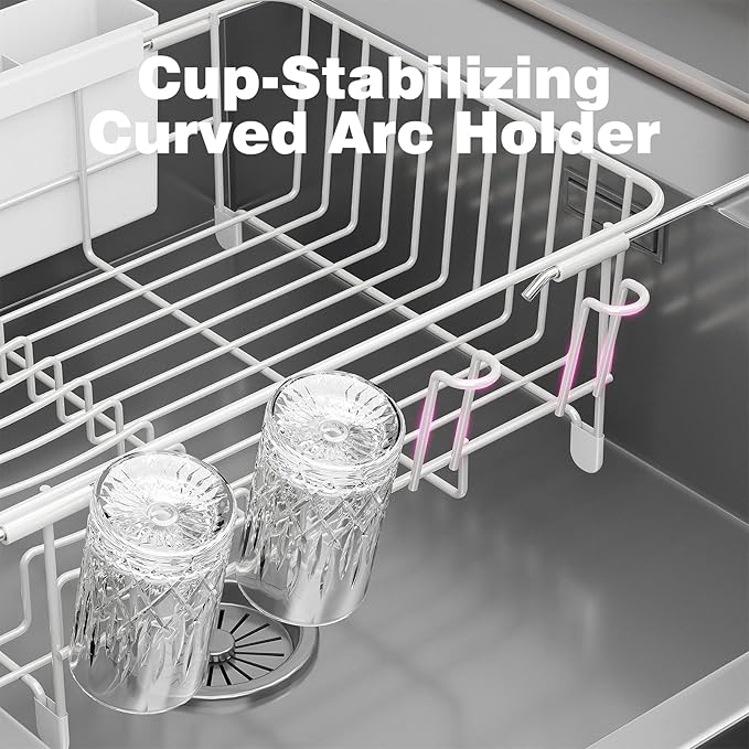 Dish Drying Rack in Sink: Expandable, 3-Slot Utensil Holder, Anti-Slip Handle. Small Dish Rack: Ideal for Small Households. Kitchen Drying Rack: White