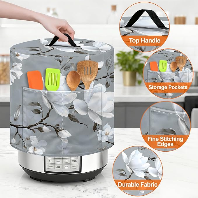 Kitchen Appliance Accessories Dust Cover for 3-6-8 Quart Instant Pot, Pressure Cooker, Air Fryer & Crock Pot,Decorative Appliance Cloth Cover with Top Handle & Storage Pockets (White, 8 Quart)