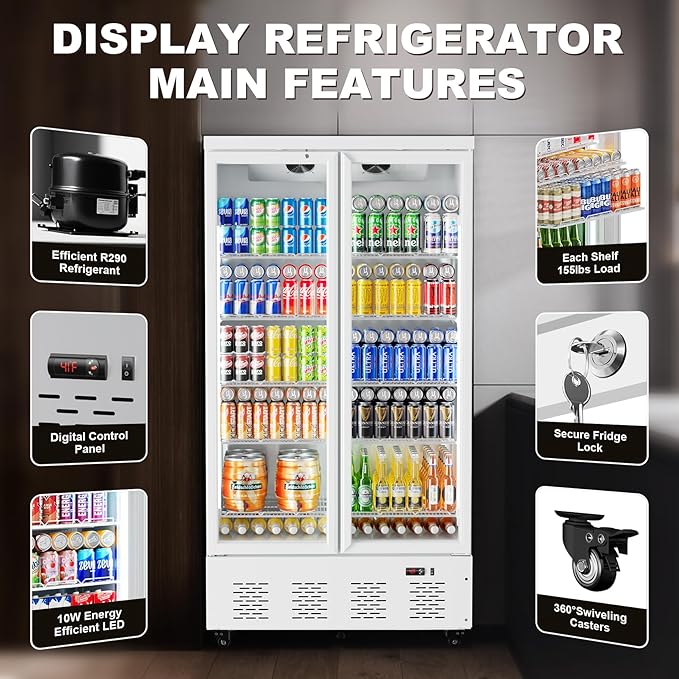 30.5 Cu.Ft White Commercial Refrigerators 2 Glass Door Commercial Beverage Refrigerators Upright Display Cooler with Soft LED Light and 10 Adjustable Shelves for Restaurant Grocery Stores Home
