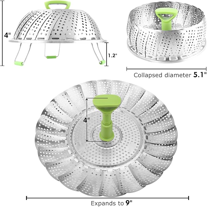 Consevisen Vegetable Steamer Basket for Cooking Food, Stainless Steel Veggie Steam Basket for Pot, Folding Expandable Steaming Insert with Extendable Handle Fits Various Size Pot, 5.1" to 9"