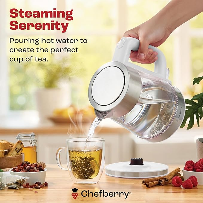 Electric Kettle for Boiling Hot Tea & Water | 1.7L Stainless Steel Borosilicate Glass Boiler With No Plastic, Automatic Shutoff, BPA Free, Fast Heating Technology (White)