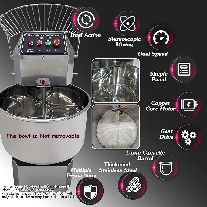INTSUPERMAI Commercial Dough Mixer Machine Electric Food Mixer with Double Action Double Speed Spiral Mixing for Schools Bakeries Restaurants Pizzerias 110V (Standard Type, 40L)