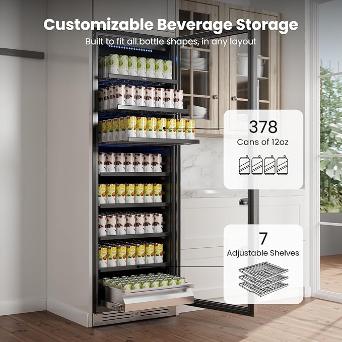 Yeego Beverage Refrigerator & Drink Fridge - 24 inch 378 Cans Beer Cooler with Glass Door, 34-54℉ Built-in or Freestanding Refrigerator with Door Lock, For Drink Soda Wine and Kitchen, Bar or Office