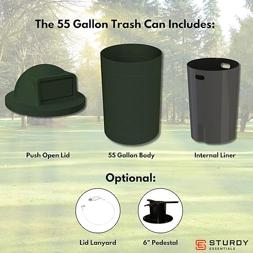 Campus Collection 55 Gallon Round Heavy-Duty Plastic Commercial Outdoor or Indor Trash Can with Push Open Dome Lid and Internal Liner | Great for Schools and Businesses - Green