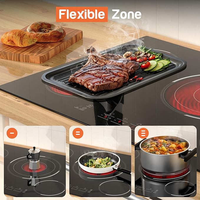 30 Inch Electric Cooktop, 4 Burner Ceramic Stove Top 7800W, Built-in Electric Stovetop with BBQ Burner, Touch Control, Timer, Child Safety Lock, Pause Function, 220-240V, Hard Wire, No Plug