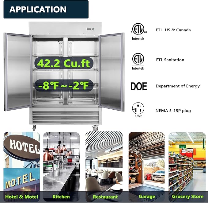 54"W Commercial Freezer 2 Section 2 Solid Door Stainless Steel Reach-in Freezer 42.2 Cu.ft. Upright Fan Cooling Freezer for Restaurant, Bar, Shop, Home, Business, Kitchen, Residential, ETL & DOE