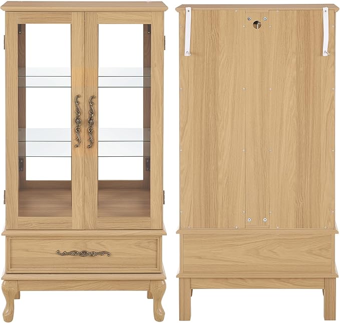 51" H Lighted Curio Cabinet Display Case, Glass Curio Cabinet with Adjustable Shelves,Tempered Glass Door and Drawer, Wooden Cabinets w/Mirrored Back Pane for Living Room (Light Oak)