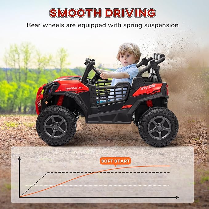 Qaba 24V 2 Seater Ride on Car, Electric Off-Road UTV Truck w/Parent Remote Control, Music, Lights, Ride on Toy for Kids Ages 3-8, Red