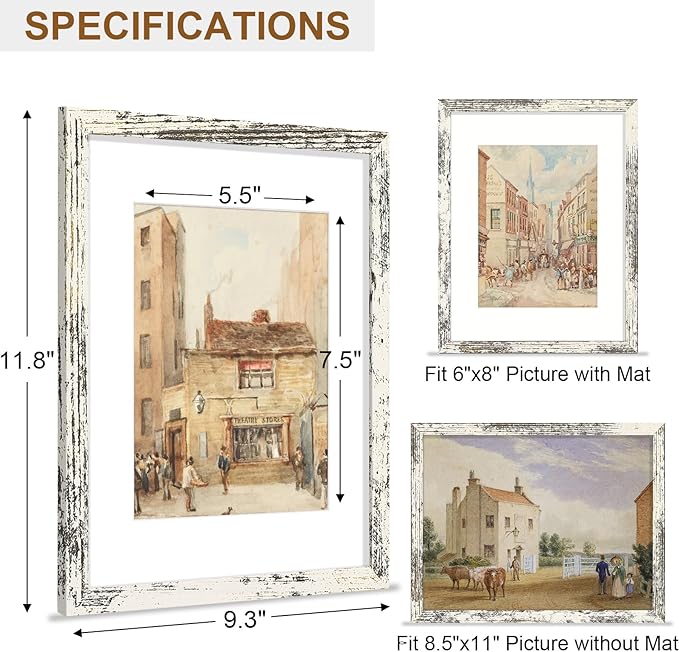 Vittanly 8.5x11 Picture Frame, Solid Wood Frame with Plexiglass, Includes 6x8 Mat, Wall Hanging or Tabletop for Photos, Home Decor, Distressed White, 1 Pack