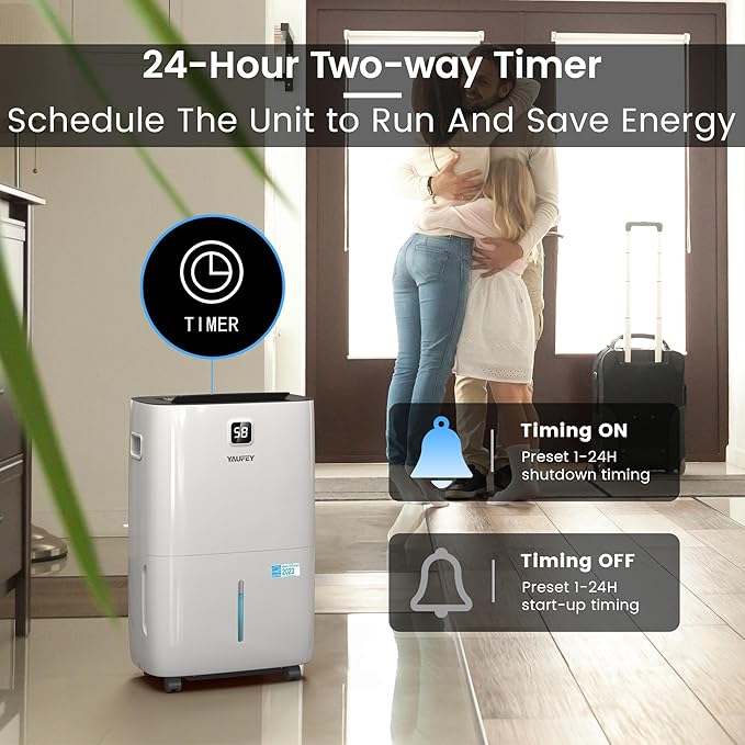 Yaufey 150 Pints Energy Star Dehumidifier with Pump for Home, Basement and Large Room up to 7500 Sq. Ft., With Drain Hose, Timer, Intelligent Humidity Control and Large Water Tank