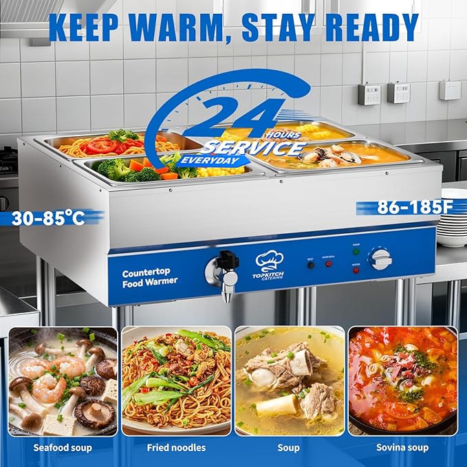 4-Pan Commercial Food Warmer, Electric Steam Table, 120V 1700W Stainless Steel Buffet Catering Food Warmer with Undershelf and Workspace, for Restaurant.