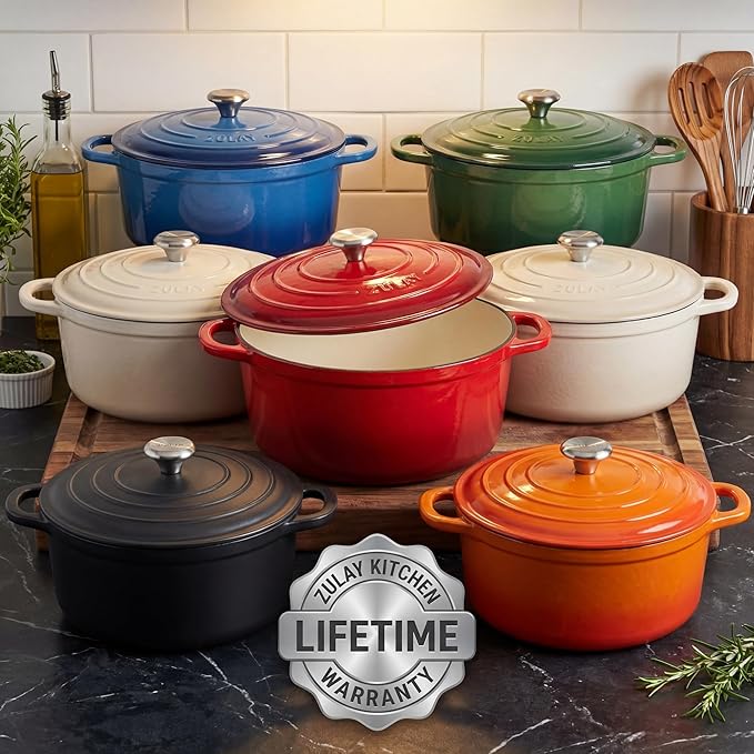 Zulay Kitchen 5 Quart Enameled Cast Iron Dutch Oven Pot with Lid – Premium Durability & Oven Safe up to 500°F – Heavy Duty Cookware Perfect for Bread Baking, Stews, Braising & Roasting – Red