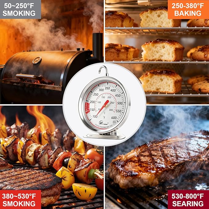 Oven Thermometer 2.4 Inch Oven Temperature Gauge with 360° Rotating Hook Baking Thermometer Hang or Stand Design 50-300°C/100-600°F for Gas/Electric Ovens, Grill, BBQ