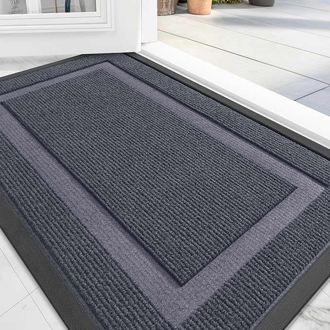 OLANLY Front Door Mat Indoor Outdoor Entrance, Waterproof All-Season, All-Weather Doormat, Sturdy Natural Rubber, Fade Resistant, Low Profile, Easy Clean Patio Porch Entryway Mat, 59x40, Light Grey