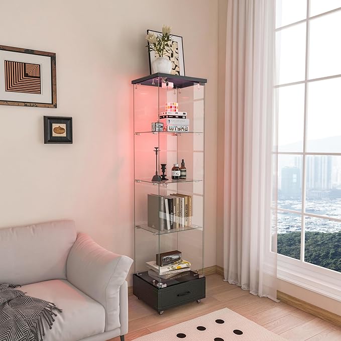 Yoluckea 4 Tiers Glass Display Cabinet with LED Lighting and Drawer, 1 Door Floor Standing Curio Cabinet with Wheel for Home, Office, Corner Display, Black Glass Bookshelf for Collections and Decor