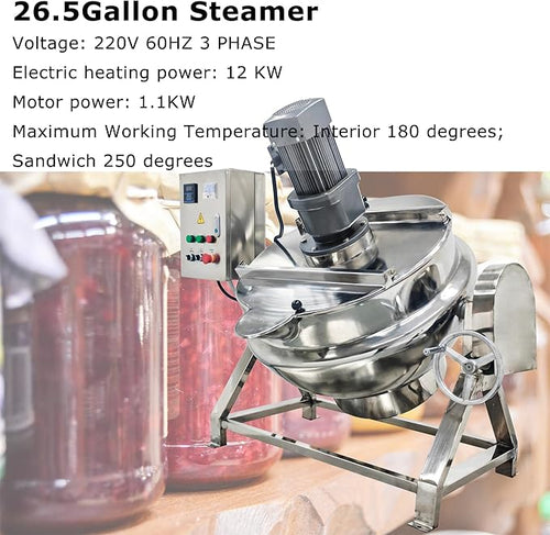 100L Jacketed Kettle 220V 1100W Commercial Electric Automatic Cooking Pot Tilting Jacketed Pot Three Phase with Mixer for Soup Sugar Jam