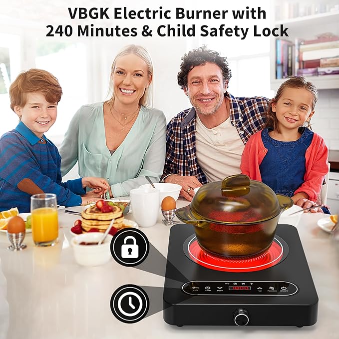VBGK Single Burner Electric Cooktop, 110V 1800W Electric Cooktop with LED Touch Controls and Knob Controls, 10 Power Levels, 4-Hour Timer, Safety Lock, Single Burner Overheat Protection