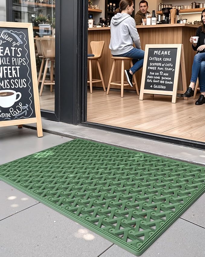 DEXI Front Door Mat Outside Entrance Rubber 19x30, Welcome Floor Doormat Heavy Duty Non Slip, Dirt Trapper Waterproof Exterior Entry Mats All Weather for Patio Entryway Drainage, Green