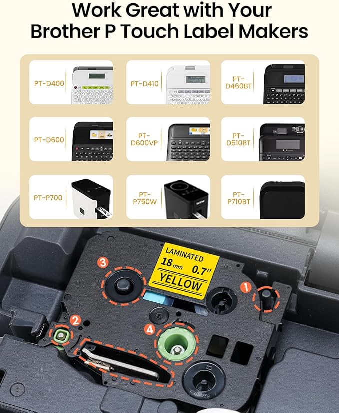 Replacement for Brother P Touch Label Tape Yellow TZe-641 TZe641 TZe TZ Tape 18mm 0.7 Laminated Black on Yellow Label Maker Tape for PT-D400 PT-D410 PT-D600 PT-D610BT, 3/4 Inch x 26.2 feet, 4-Pack