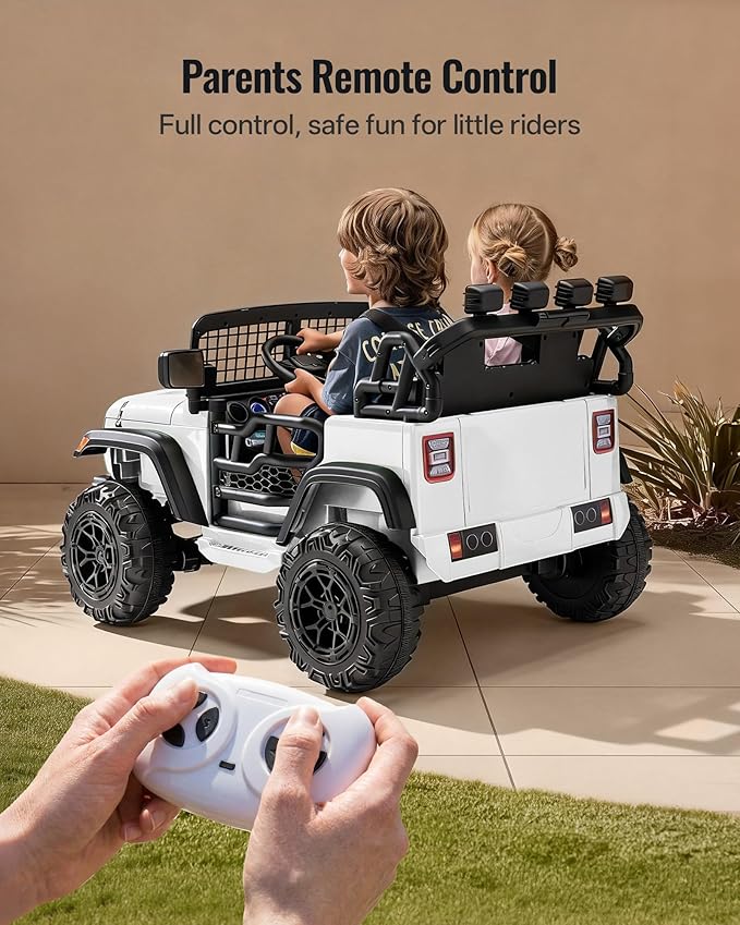 2 Seater Ride on Car Toy, 12V Electric Car for Kids 4-8 with Remote Control, Capacity 110 lb, LED Light - White