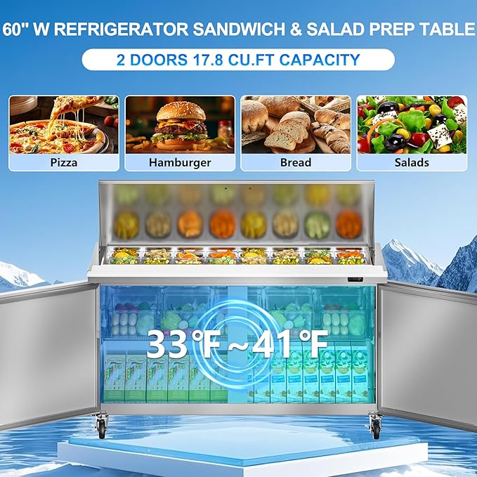 60" W Commercial Refrigerator Sandwich Salad Prep Table, 17.8 Cu.ft 2 Door Commercial Stainless Steel Mega Top Food Prep Fridge with 24 Pans, Salad Prep Station for Restaurant, Bar, Shop