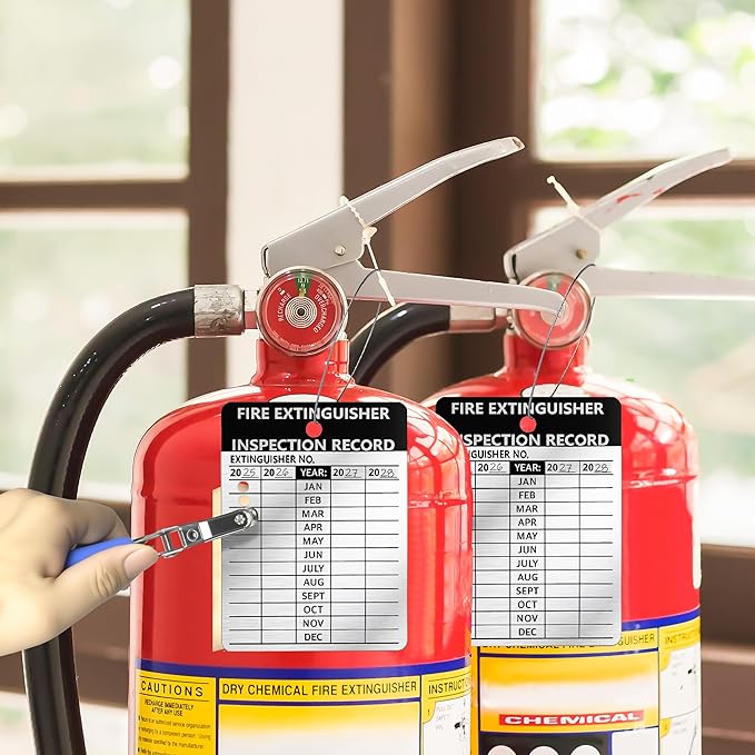 50 Pcs Waterproof Fire Extinguisher Inspection Tags 2.3 x 3 Inch Metal Aluminum with Wires and Handheld Hole Puncher Durable Metal Fire Tags for Monthly Fire Safety Check Indoor Outdoor Writeable(50)