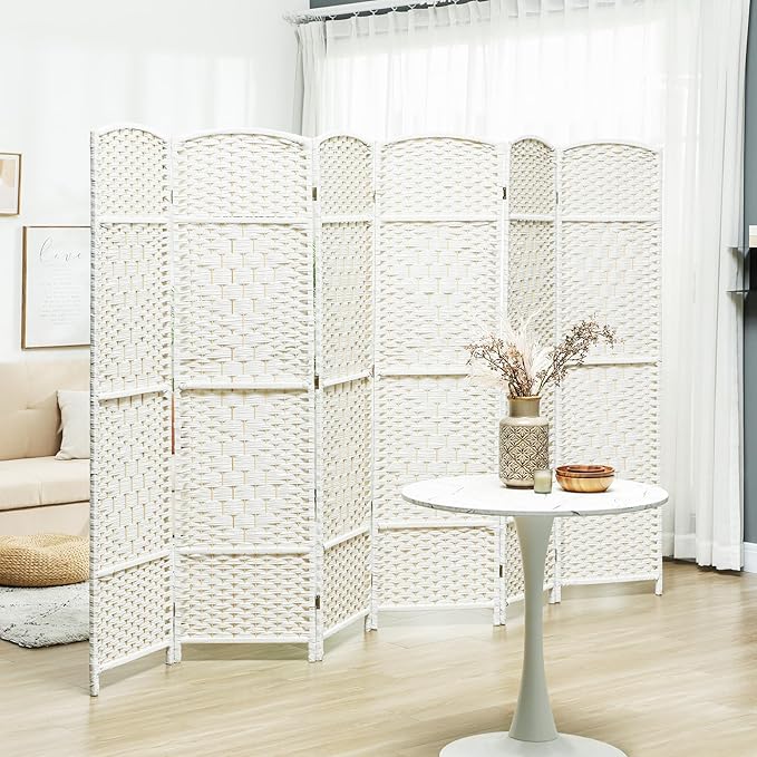 HOMCOM 6 Panel Room Divider, 6' Tall Folding Privacy Screen, Woven Freestanding Wall Partition for Home Office, Bedroom, White