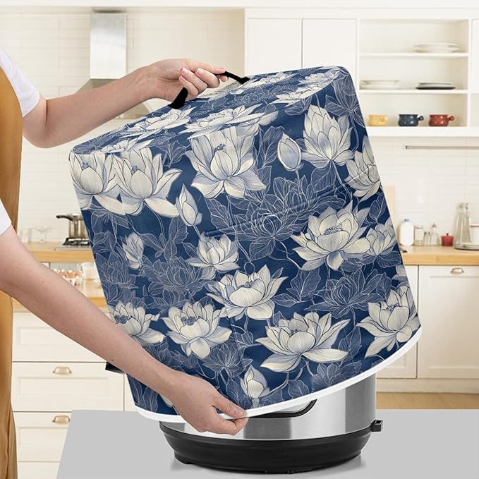 Insulated Pressure Cooker Appliance Cover, Also Fit for Rice Cooker, Air Fryer and Crock Pot, 6 Qt Dust Cover with Pocket for Spoon/Cooking Utensils/Recipes, Machine Washable, Blue Lotus