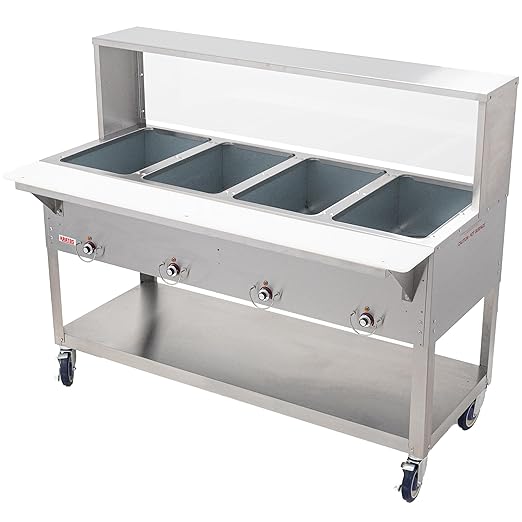 Kratos Commercial Electric Steam Table/Hot Food Table with Overshelf and Sneeze Guard, 4 Wells, Stainless Steel, Stationary, NSF, 240V (28W-194)