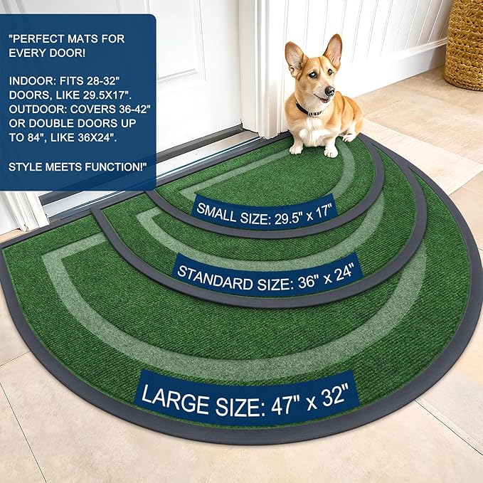OLANLY Half Circle Door Mat Indoor Outdoor Entrance Welcome, Waterproof All-Season, All-Weather Doormat, Sturdy Natural Rubber, Low Profile, Easy Clean Patio Porch Entryway Mat, 59x34, Green
