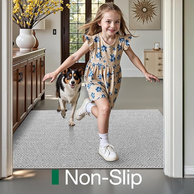 LUMI Ultra Thin Indoor Door Mat for Entrance 36"x56", Non Slip Entryway Mat, Low Profile Doormat, Unique Herringbone Design Carpet for Inside, Patio, Porch, Gray