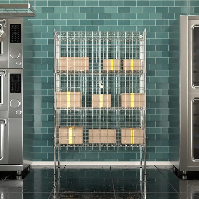 Commercial Grade NSF Listed Metal Wire Mesh Storage Chrome Security Cage Kit, 24" x 48" x 74", Perfect for Warehouse, Grocery Store, Restaurant, Dishroom