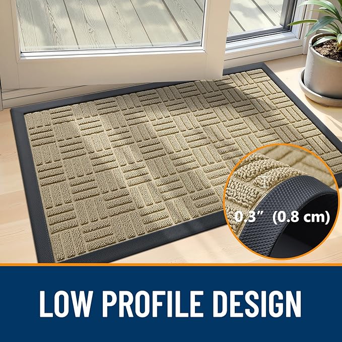 OLANLY Front Door Mat Outside Entrance 47x23, Absorbent, Heavy Duty Sturdy Natural Rubber Doormat Indoor Outdoor, Stain and Fade Resistant, Non-Slip Backing Low Profile Floor Mat for Entryway, Beige