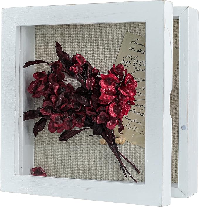 Freezing point Shadow Box Frame 8x8 Shadow Boxes Display Case with Linen Back Memorabilia Awards Medals Bouquet Photos Picture Badge Wedding Memory Box for Keepsakes White Small Pin Board White