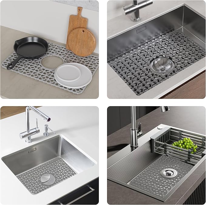 WAFT YEARN Sink Mats Sink Protectors Dish Racks Dishwasher Safe Grid Mats for Kitchen Sink Silicone Protect Sink from Stains Damage Scratches Non Slip Heat Resistant Rust Resistant 16"X12.5" Grey