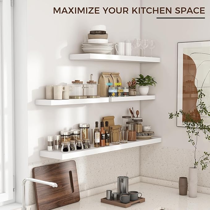 Floating Shelves for Wall 48"W x 9"D x 1.5"H, Long Engineered Wood Wall Shelves with Invisible Brackets for Living Room Bedroom Bathroom Office Kitchen Decor and Storage, White Finish, Set of 2