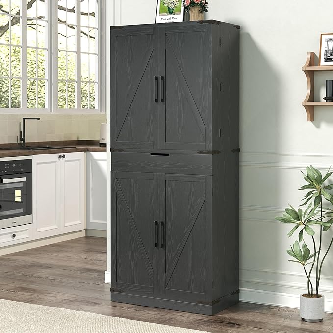 72" Tall Storage Cabinet, Kitchen Pantry Cabinet with Adjustable Shelves & Sturdy Steel Frame, Farmhouse Pantry Storage with 4 Barn Doors for Kitchen, Dining Room, and Living Room, Black