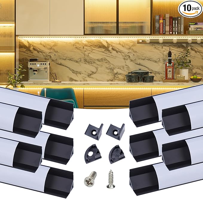 Muzata 10Pack 6.6FT/2M V Shape LED Channel Black Aluminum LED Strip Diffuser Channel with Milky White Cover Corner Lighting Easy Installation V1SW BW 2M