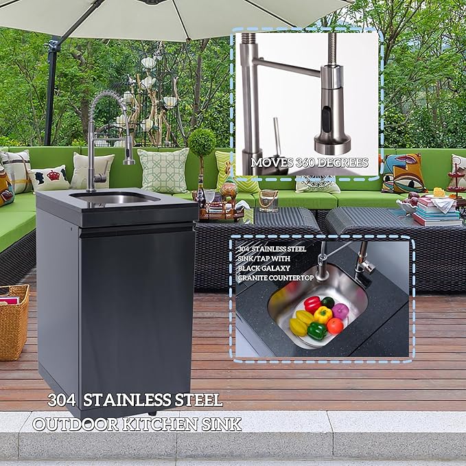 85 Inch 4-Burner 72000 BTU Deluxe Stainless Steel Propane Gas Outdoor Kitchen Barbecue Island Grill, Wine Cooler Compact Refrigerator, Rotisserie Kit, Granite Countertops, Stainless Steel Sink, Black