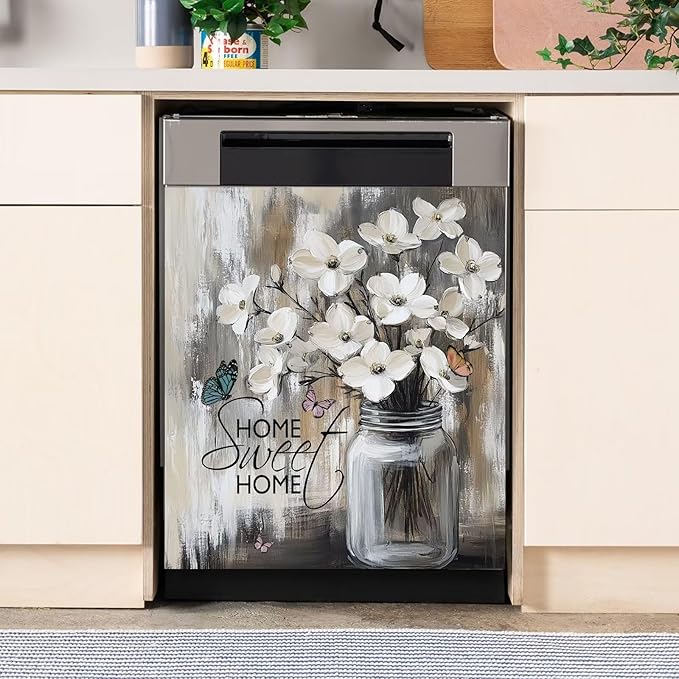 Rustic Farmhouse White Flowers Dishwasher Magnet Cover,Pastoral Floral Magnetic Dishwasher Cover Vinyl Sticker,Fridge Door Cover Magnets Art Skin Panel Decal,Home Decor Decal,23"X26"