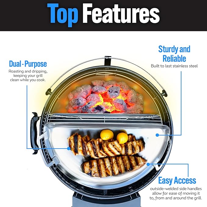 SnS Grills Drip 'N Griddle Pan - 3-in-1 Kettle Grill Accessory for Searing, Dripping, and Griddling, Dishwasher Safe Stainless Steel BBQ Accessory Ideal for 22" Weber and Other Charcoal Grills