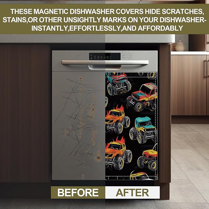 Magnetic Dishwasher Cover,Abstract Monster Truck Reusable Dishwasher Magnetic Cover Decorative Door Covers Panel for Home Kitcen 23" x 26"