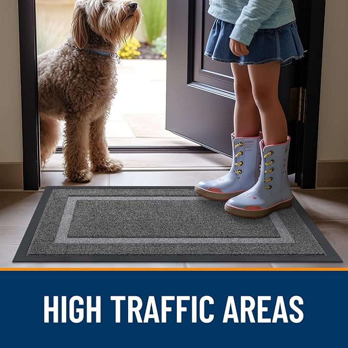 OLANLY Front Door Mat Indoor Outdoor Entrance, Waterproof All-Season, All-Weather Doormat, Sturdy Natural Rubber, Fade Resistant, Low Profile, Easy Clean Patio Porch Entryway Mat, 47x30, Dark Grey